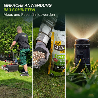 Collage: Person beim Vertikutieren eines Rasens, Nahaufnahme beim Verteilen von Terra Uno Rasenretter  Vertikutiermix Saatgut + organischer Dünger, und Sprinkler auf grünem Gras. Der deutsche Text erklärt den 3-stufigen Terra Uno Rasenpflegeprozess.