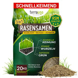 Das Terrauno Rasensamen - Nachsaat, Reparatur und Neuanlage - Angebot ist ein 20 kg Rasensamen für schnelle Keimung, für 1000 m², mit RSM-Qualität. Die Packung zeichnet sich durch starke Wurzeln und üppiges Wachstum aus und zeigt Samen und grünes Gras.