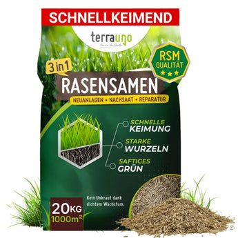 Das Terrauno Rasensamen - Nachsaat, Reparatur und Neuanlage - Angebot ist ein 20 kg Rasensamen für schnelle Keimung, für 1000 m², mit RSM-Qualität. Die Packung zeichnet sich durch starke Wurzeln und üppiges Wachstum aus und zeigt Samen und grünes Gras.