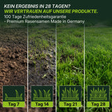 Vier Tafeln zeigen das Graswachstum in 28 Tagen: vom nackten Boden zum üppigen Rasen. Der deutsche Text hebt Terrauno Rasensamen - Nachsaat, Reparatur und Neuanlage - Angebot in RSM-Qualität für beste Ergebnisse bei Reparatur und Neuanlage hervor.