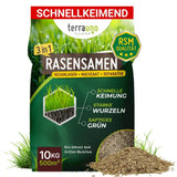 Ein 10 kg Sack Terrauno Rasensamen - Nachsaat, Reparatur und Neuanlage - Angebot reicht für 500 m², gekennzeichnet für schnelle Keimung, kräftige Wurzeln und grüne Farbe; RSM-Qualität Saatgut wird vor dem Sack verschüttet.