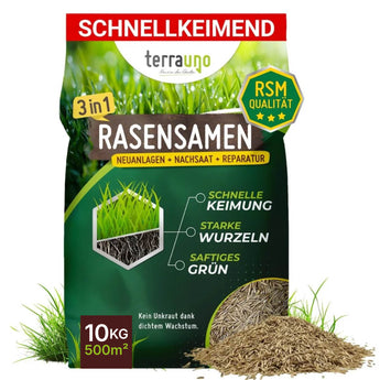 Ein 10 kg Sack Terrauno Rasensamen - Nachsaat, Reparatur und Neuanlage - Angebot reicht für 500 m², gekennzeichnet für schnelle Keimung, kräftige Wurzeln und grüne Farbe; RSM-Qualität Saatgut wird vor dem Sack verschüttet.