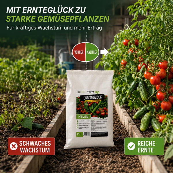 Düngezeitfenster für Tomaten- und Gemüsepflanzen: März bis August mit dem TerraUno Ernteglück