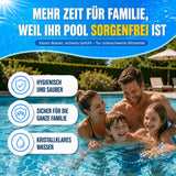 Eine lächelnde vierköpfige Familie genießt das Schwimmen in einem klaren blauen Pool. TerraUno Flockungskartuschen sorgen für hygienisches, sicheres, kristallklares Poolwasser und mehr Familienzeit, indem sie ein sorgenfreies Poolerlebnis unterstützen.