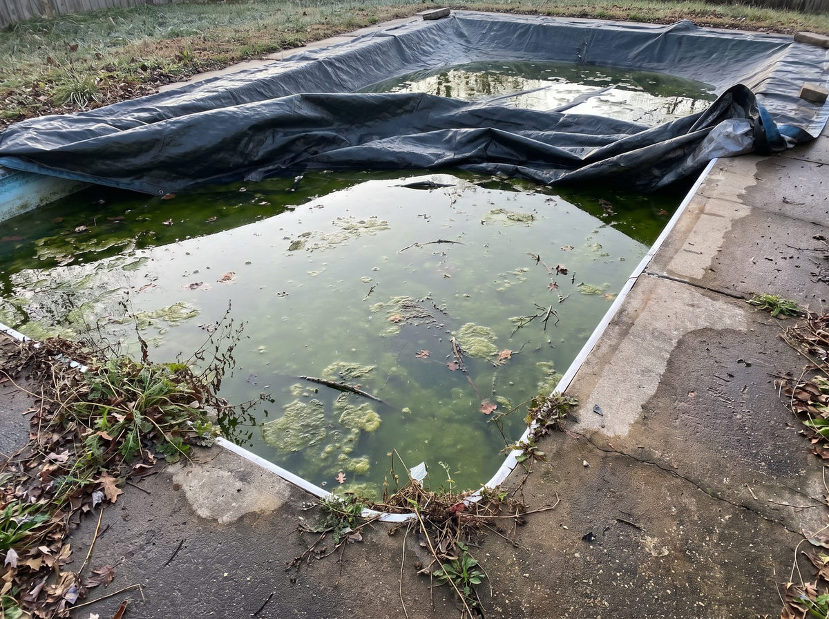 Grün-trübes Poolwasser im Frühjahr unter halb zurückgezogener Abdeckung