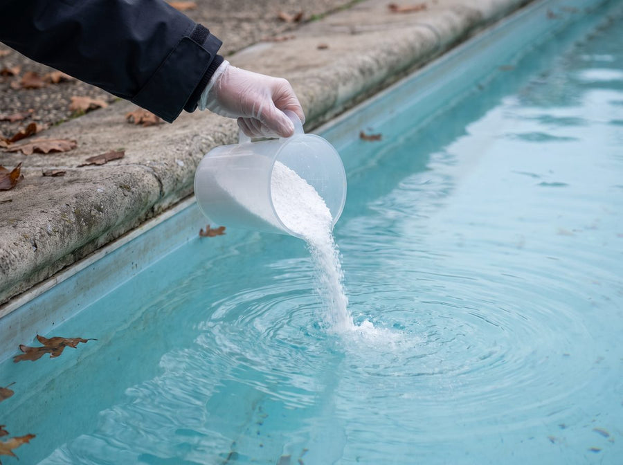 Chlorgranulat wird aus einem Messbecher ins Poolwasser gegeben