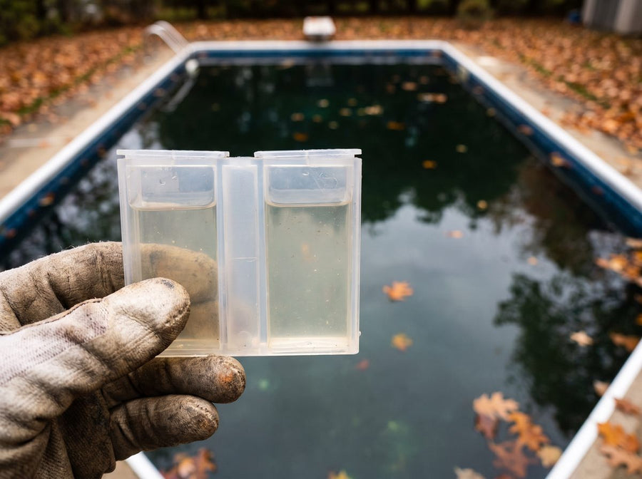 Pooltester mit Wasserprobe wird am Beckenrand abgelesen