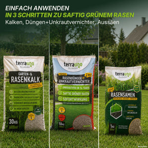 Drei Beutel mit Rasenpflegeprodukten aus dem „Unkrautschreck-Paket“ von TerraUno, ausgestellt auf grünem Rasen: darin enthalten sind Gartenkalk, Unkrautvernichter und Rasensamen, die jeweils deutlich mit ihrem jeweiligen Verwendungszweck beschriftet sind. Der Text darüber beschreibt ein einfaches dreistufiges Verfahren, um einen üppigen, grünen Rasen zu erhalten: Kalk ausbringen, zum Wachstum düngen, Unkraut bekämpfen und nachsäen.