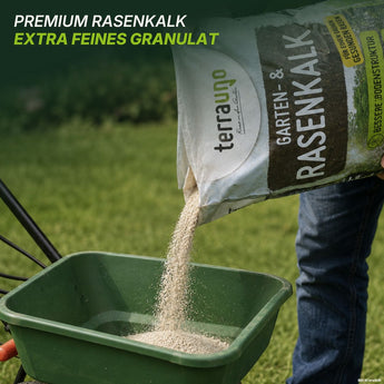 Eine Person schüttet fein körniges „Unkrautschreck Paket“ aus einem TerraUno-Beutel in einen grünen Streuer auf dem Rasen. Der Text darüber lautet: „Premium RasenKalk Extra Feines Granulat“.