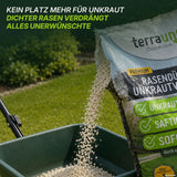 Aus einem Sack „TerraUno Unkrautschreck Paket“-Rasendünger werden weiße Granulatkörner in einen grünen Streuer geschüttet. Der Text darüber lautet: Kein Platz mehr für Unkraut. DICHTER RASEN VERDRÄNGT ALLES UNERWÜNSCHTE.