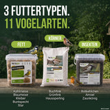 3 Futtertypen für 11 Vogelarten: Meisenknödel für Meisen und Spechte, Wildvogelfutter für Finken und Spatzen, Soldatenfliegenlarven für Rotkehlchen und Amsel