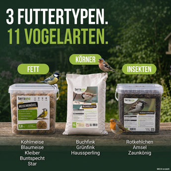 3 Futtertypen für 11 Vogelarten: Meisenknödel für Meisen und Spechte, Wildvogelfutter für Finken und Spatzen, Soldatenfliegenlarven für Rotkehlchen und Amsel