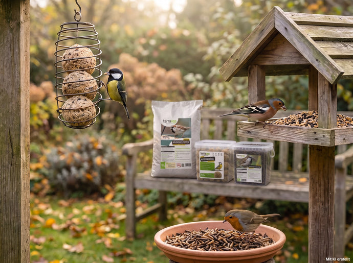 Futterstelle mit Meisenknödeln, Futterhaus und Larvenschale – Kohlmeise, Buchfink und Rotkehlchen am Vogel-Magnet