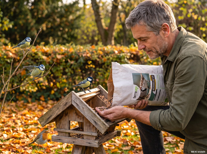 Gartenbesitzer füllt im Oktober das Futterhaus mit TerraUno Wildvogelfutter – Kohlmeise auf dem Dach, Blaumeisen im Strauch, Rotkehlchen am Boden