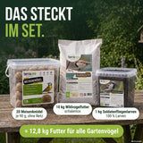 Lieferumfang Vogel-Magnet: 20 Meisenknödel, 10 kg Wildvogelfutter und 1 kg Soldatenfliegenlarven – 12,8 kg Futter
