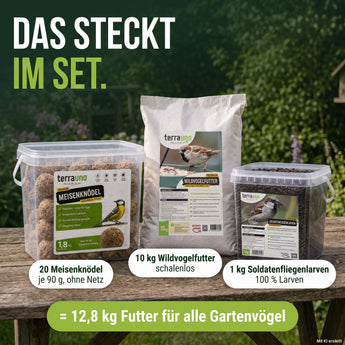 Lieferumfang Vogel-Magnet: 20 Meisenknödel, 10 kg Wildvogelfutter und 1 kg Soldatenfliegenlarven – 12,8 kg Futter