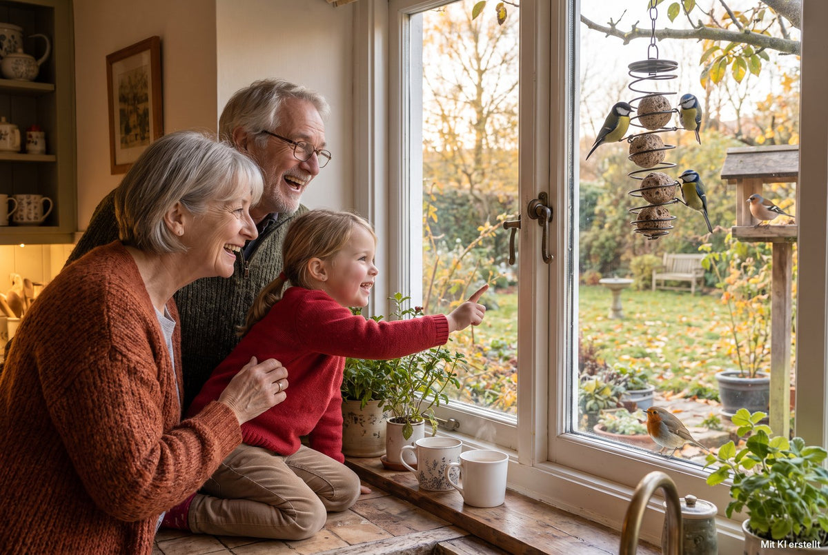 Großeltern mit Enkelin am Küchenfenster – das Kind zeigt begeistert auf Meisen am Meisenknödel und ein Rotkehlchen auf dem Fensterbrett