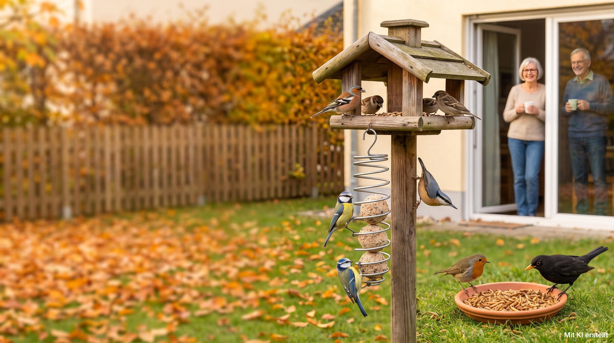 Herbstlicher Garten voller Vögel: Meisen am Meisenknödel ohne Netz, Finken und Spatzen am Futterhaus, Rotkehlchen und Amsel an der Futterschale – ein älteres Ehepaar schaut lächelnd von der Terrassentür zu