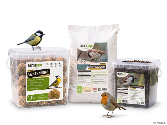 Vogel-Magnet Vogelfutter-Set: 20 Meisenknödel im Eimer, 10 kg Wildvogelfutter im Papiersack und 1 kg Soldatenfliegenlarven im Eimer, mit Kohlmeise und Rotkehlchen