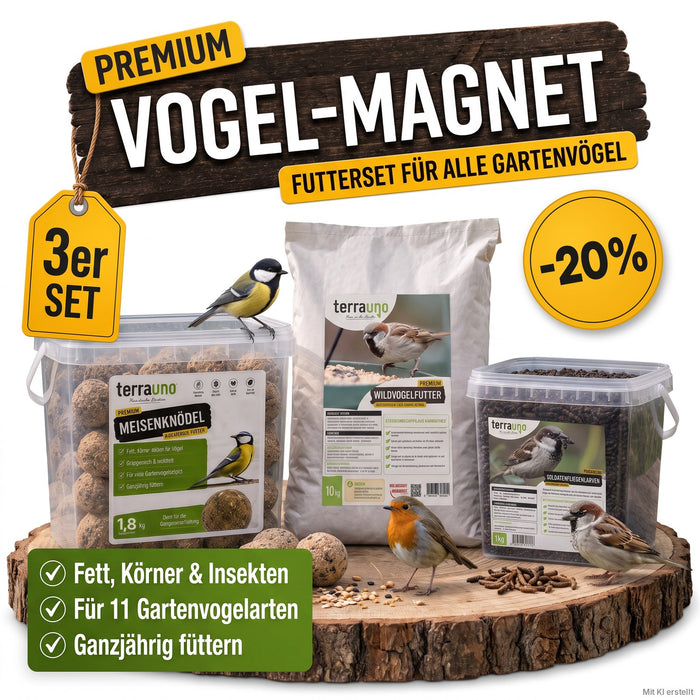 TerraUno Vogel-Magnet Vogelfutter-Set mit Meisenknödeln, Wildvogelfutter und Soldatenfliegenlarven – 20 % Set-Rabatt, Futter für alle Gartenvögel