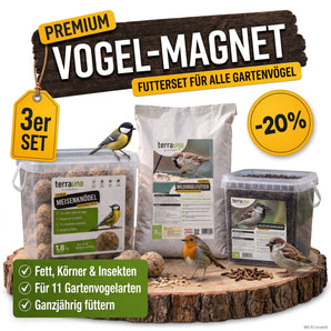 TerraUno Vogel-Magnet Vogelfutter-Set mit Meisenknödeln, Wildvogelfutter und Soldatenfliegenlarven – 20 % Set-Rabatt, Futter für alle Gartenvögel