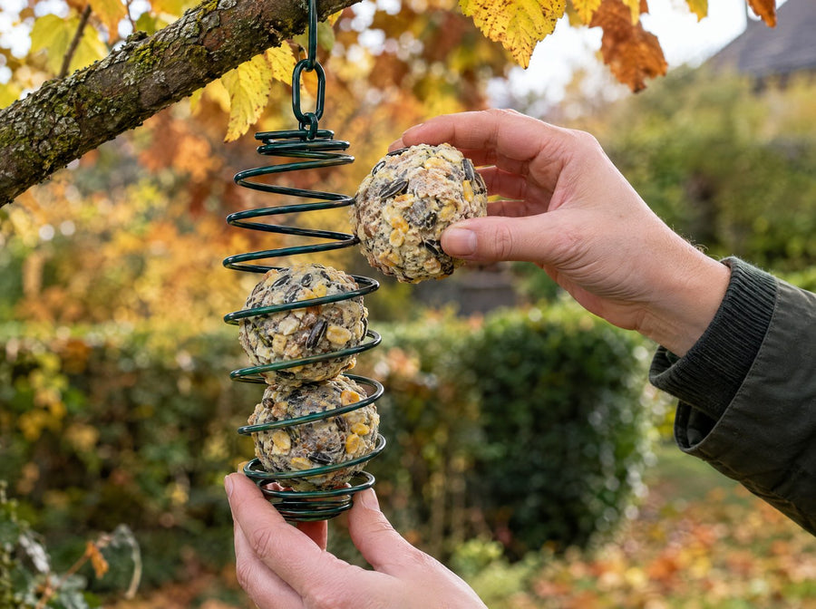 Meisenknödel ohne Netz werden in einen Knödelhalter gesetzt