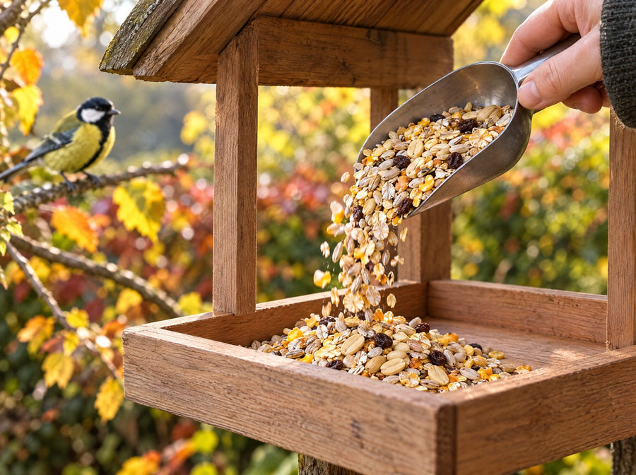 Schalenloses Wildvogelfutter wird ins Futterhaus gegeben