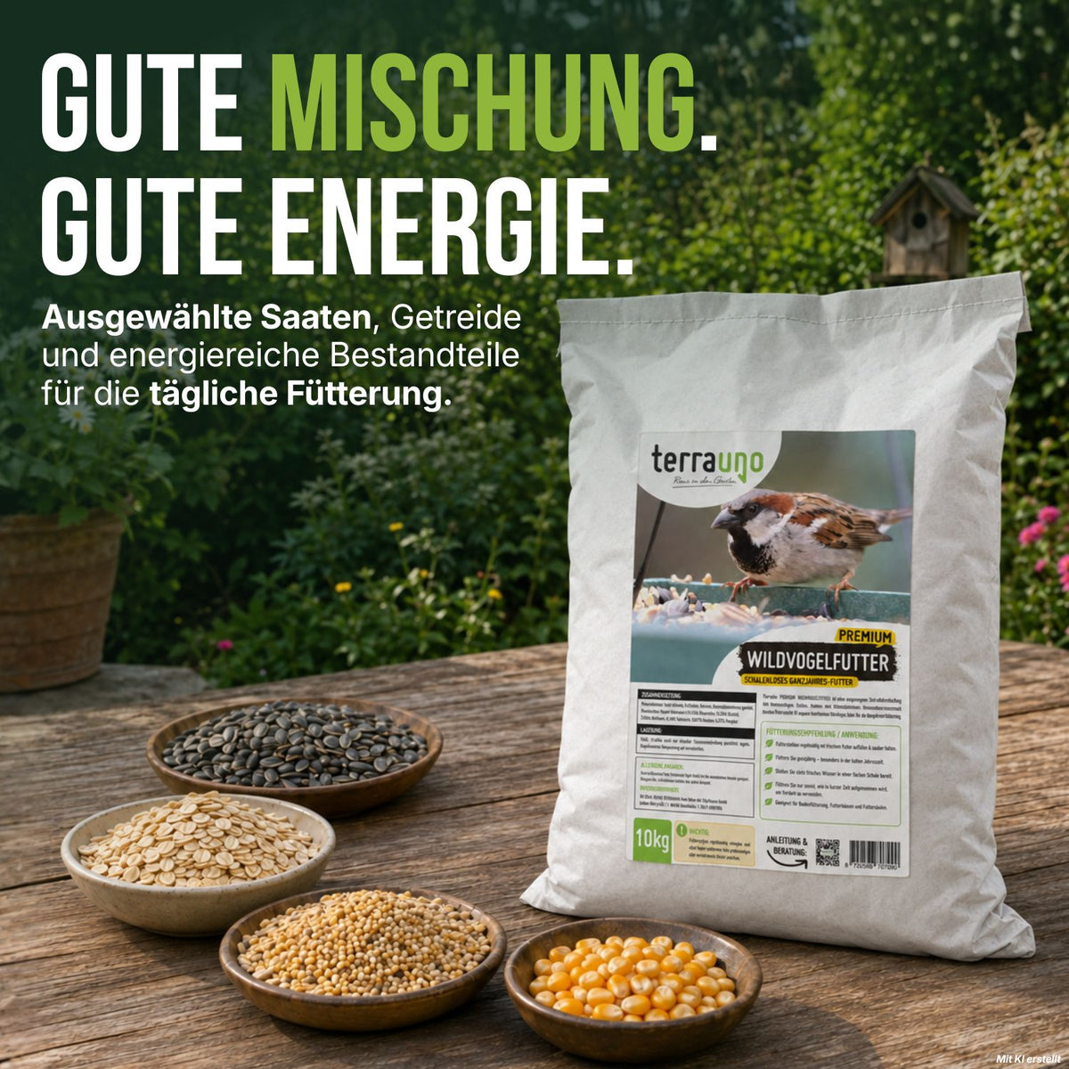 TerraUno Premium Wildvogelfutter mit Schalen voller Zutaten