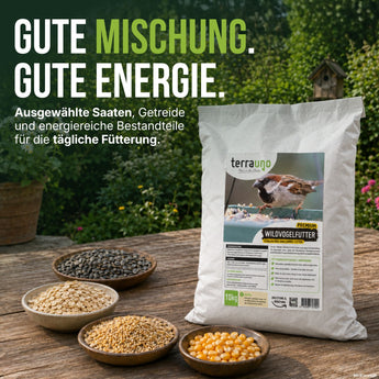 Auf einem Tisch im Freien steht eine Tüte „TerraUno Premium Wildvogelfutter“, umgeben von Schalen, die mit Samen und Körnern gefüllt sind. Auf der Verpackung ist ein Vogel abgebildet, und ein deutscher Text beschreibt dieses nahrhafte, schalenlose Vogelfutter als ideales Ganzjahresfutter für Wildvögel. Im Hintergrund bildet üppiges Grün eine natürliche Kulisse.