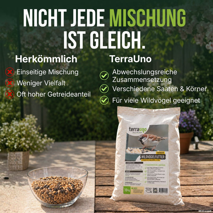 Ein Vergleich zweier Arten von Vogelfutter: zum einen in einer Schale mit der Aufschrift „Herkömmlich“ mit negativen Aspekten und zum anderen in einem Beutel mit der Aufschrift „TerraUno Premium Wildvogelfutter“ mit positiven Aspekten, aufgestellt auf einem Tisch im Freien vor einem grünen Gartenhintergrund – perfekt für Vogelfutter im Garten und als Ganzjahresfutter für Vögel.