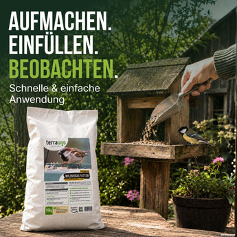 Eine Person füllt ein hölzernes Vogelhäuschen mit Samen aus einem Beutel mit der Aufschrift „TerraUno Premium Wildvogelfutter“, während sich Vögel in der Nähe versammeln. Ein deutscher Text erklärt die einfache Handhabung: öffnen, befüllen, beobachten.