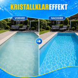 Geteiltes Bild des Pools im Garten: Links-trübes Wasser, rechts-kristallklares Becken dank TerraUno Flockungskartuschen und Sandfilter. Text oben: Kristallklareffekt.