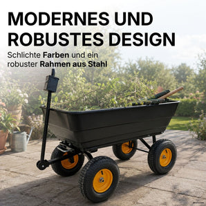 Mann entleert die gekippte Wanne des Gartenwagens Prakta M am Komposter