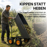 Vergleich: mühsames Schieben mit der Schubkarre gegen entspanntes Ziehen des Gartenwagens Prakta M