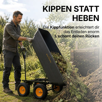 Vergleich: mühsames Schieben mit der Schubkarre gegen entspanntes Ziehen des Gartenwagens Prakta M
