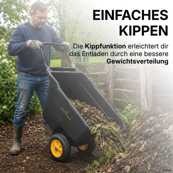 Mann entleert die Westmann Schubkarre Prakta S per Kippfunktion am Komposter