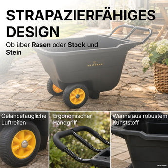 Detailaufnahmen der Prakta S: geländetaugliche Luftreifen, ergonomischer Handgriff und Kunststoffwanne