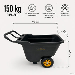 Maße der Westmann Schubkarre Prakta S: 99 x 56 x 67 cm bei 150 kg Traglast