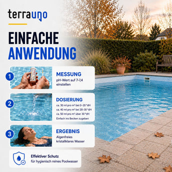 Neben einem üppigen Garten erwartet Sie ein Pool mit Anweisungen zur Wasseraufbereitung: Passen Sie den pH-Wert an, geben Sie die empfohlene Dosis „Pool Wintermittel“ hinzu und genießen Sie klares, algenfreies Wasser. Ein Nutzer mit einem Testset gibt TerraUnos „Pool Wintermittel“ in den Pool, um Algenwachstum wirksam vorzubeugen, bevor er schwimmen geht – das TerraUno-Logo ist in der Nähe deutlich zu sehen.