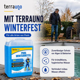 Ein Mann füllt „TerraUno Pool Wintermittel“ in einen Pool im Garten. Das Produkt, das deutlich im Vordergrund zu sehen ist, bietet zuverlässigen Schutz vor Algen und Bakterien Algenverhinderung, trägt dazu bei, das Wasser klar zu halten, und beugt dank des zusätzlichen Kalkschutzes Trübungen vor.