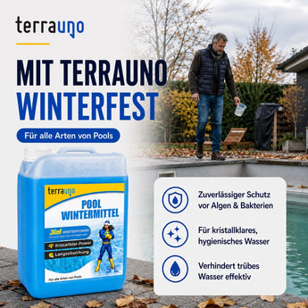 Ein Mann füllt „TerraUno Pool Wintermittel“ in einen Pool im Garten. Das Produkt, das deutlich im Vordergrund zu sehen ist, bietet zuverlässigen Schutz vor Algen und Bakterien Algenverhinderung, trägt dazu bei, das Wasser klar zu halten, und beugt dank des zusätzlichen Kalkschutzes Trübungen vor.