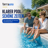 Eine lächelnde Familie – Mann, Frau und Mädchen – sitzt am Rand eines klaren Außenpools und taucht an einem sonnigen Tag die Füße ins Wasser. Links wirbt ein Text für das „TerraUno Pool Wintermittel“ und hebt hervor, wie es Algenwachstum verhindert und Kalkablagerungen hemmt, um das ganze Jahr über kristallklares Wasser zu gewährleisten.