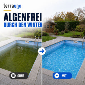 Geteilte Aufnahme eines Pools im Hinterhof: Auf der linken Seite ist grünes, mit Algen übersätes Wasser mit der Beschriftung „OHNE“ zu sehen, während auf der rechten Seite klares, blaues Wasser mit der Beschriftung „MIT TerraUno Pool Wintermittel“ zu sehen ist. Im Hintergrund sind ein kleiner Schuppen und Bäume zu erkennen – ein Beleg dafür, wie wirksam die richtige Winterpflege für den Pool Algen vorbeugen kann.