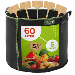 Pflanzsack aus Vliesstoff inkl. Pflanzenschilder Gefäß 60L 5  TerraUno